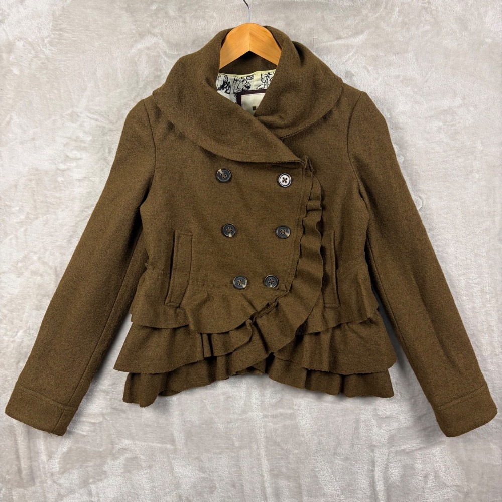 Elevenses Anthro Echelon Women 6 Brown Wool Ruffle Double Breasted Jacket Boho